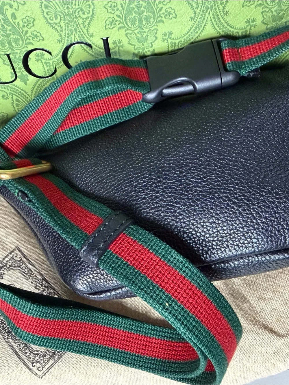 Gucci Print Leather Belt Bag Black Web Stripe Crossbody Waist Bag
